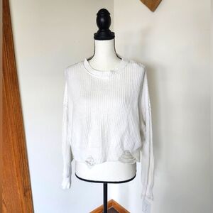 Forever 21 White Cropped Distressed Crew Neck Knit Sweater